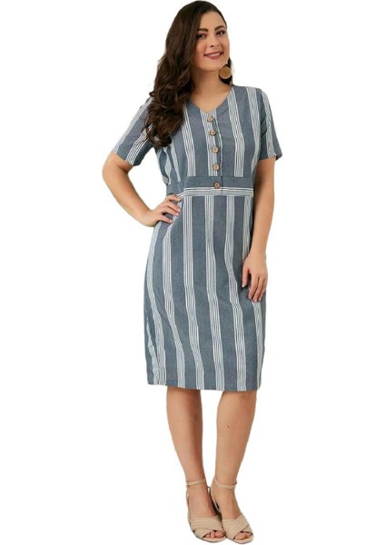 Fierte Kadın Büyük Beden Elbise RG6684Y V Yaka Düğme Detay Kısa Kol Çizgili Spor Pamuk Diz Üstü Lacivert Yeşil