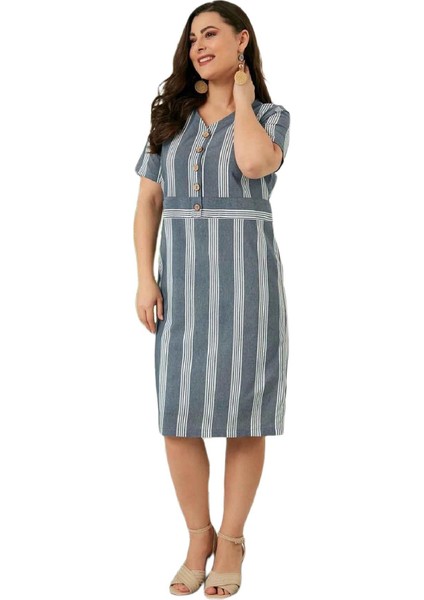 Fierte Kadın Büyük Beden Elbise RG6684Y V Yaka Düğme Detay Kısa Kol Çizgili Spor Pamuk Diz Üstü Lacivert Yeşil fiyatları