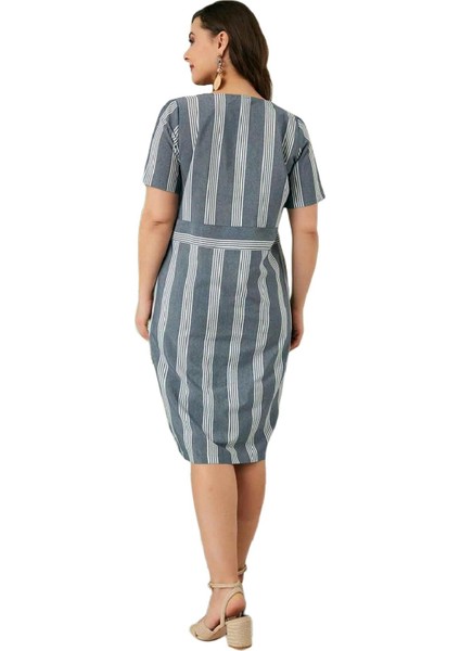Fierte Kadın Büyük Beden Elbise RG6684Y V Yaka Düğme Detay Kısa Kol Çizgili Spor Pamuk Diz Üstü Lacivert Yeşil fırsatları