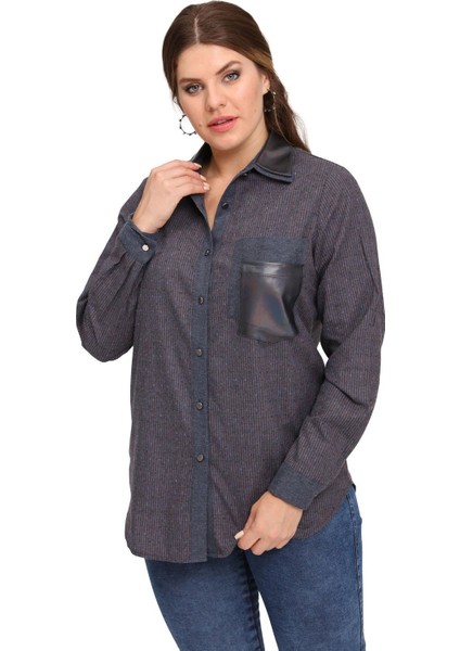 Fierte Kadın Büyük Beden Gömlek LM43220 Yakalı Düğme Kapama Uzun Kol Deri Cep Detay Spor Lacivert Yeşil