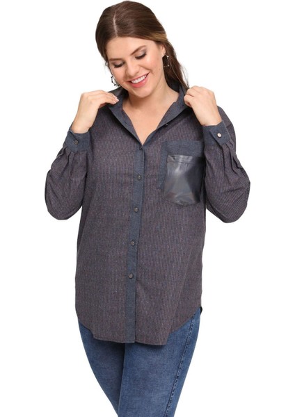 Fierte Kadın Büyük Beden Gömlek LM43220 Yakalı Düğme Kapama Uzun Kol Deri Cep Detay Spor Lacivert Yeşil fiyatları