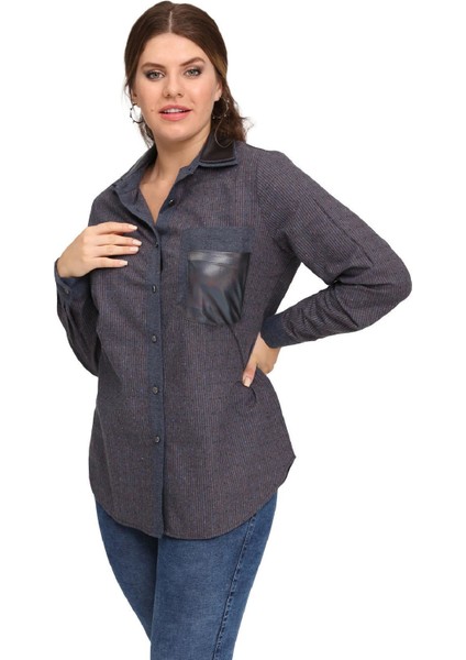 Fierte Kadın Büyük Beden Gömlek LM43220 Yakalı Düğme Kapama Uzun Kol Deri Cep Detay Spor Lacivert Yeşil modelleri