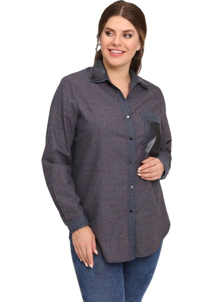 Fierte Kadın Büyük Beden Gömlek LM43220 Yakalı Düğme Kapama Uzun Kol Deri Cep Detay Spor Lacivert Yeşil fırsatları