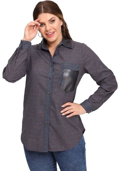 Fierte Kadın Büyük Beden Gömlek LM43220 Yakalı Düğme Kapama Uzun Kol Deri Cep Detay Spor Lacivert Yeşil indirimleri