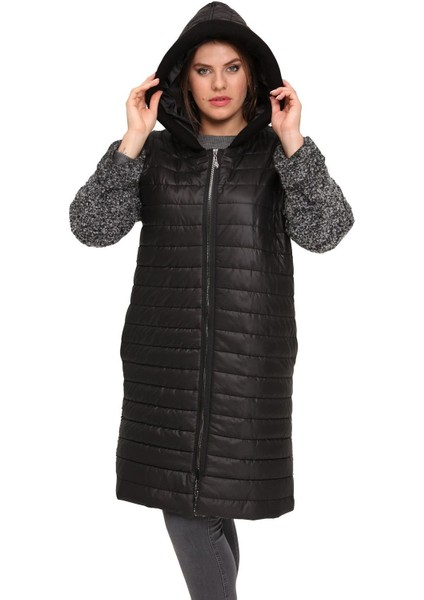 Fierte Kadın Büyük Beden Kaban LM46090 Sabit Kapüşon Fermuar Kapama Uzun Kol Cep Şişme Down Coat Buklet Kombin Siyah
