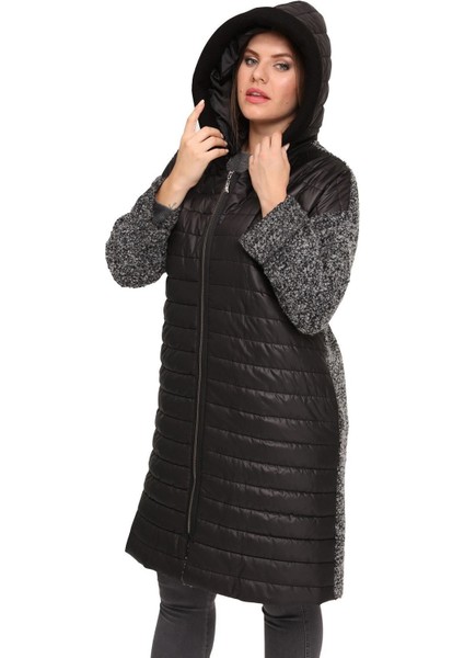 Fierte Kadın Büyük Beden Kaban LM46090 Sabit Kapüşon Fermuar Kapama Uzun Kol Cep Şişme Down Coat Buklet Kombin Siyah fiyatları