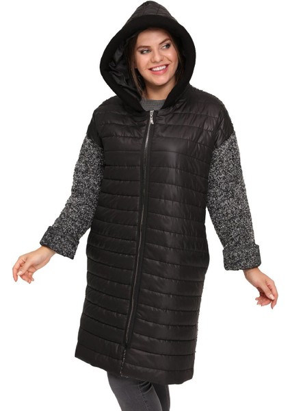 Fierte Kadın Büyük Beden Kaban LM46090 Sabit Kapüşon Fermuar Kapama Uzun Kol Cep Şişme Down Coat Buklet Kombin Siyah modelleri