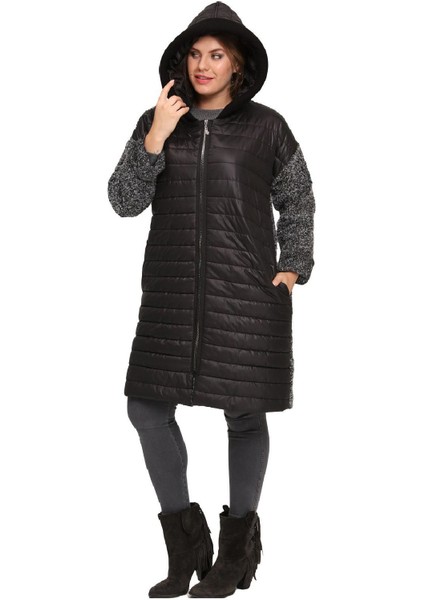 Fierte Kadın Büyük Beden Kaban LM46090 Sabit Kapüşon Fermuar Kapama Uzun Kol Cep Şişme Down Coat Buklet Kombin Siyah fırsatları
