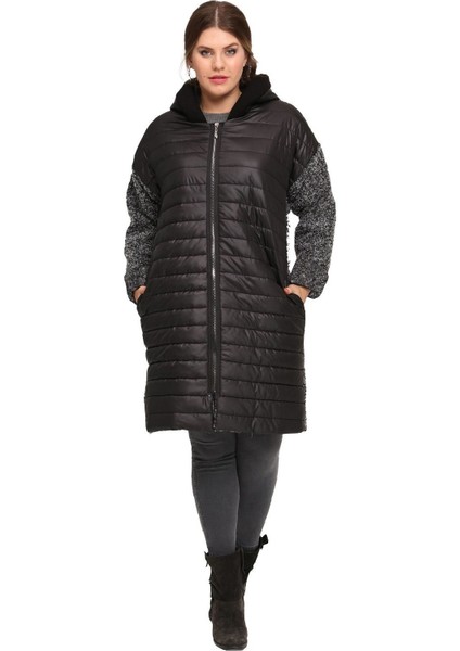 Fierte Kadın Büyük Beden Kaban LM46090 Sabit Kapüşon Fermuar Kapama Uzun Kol Cep Şişme Down Coat Buklet Kombin Siyah indirimleri