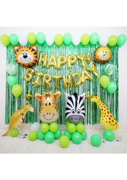 Safari Balon Konsept Happy Bırthday Balon 4 Adet Safari Folyo Balon ve Zincir