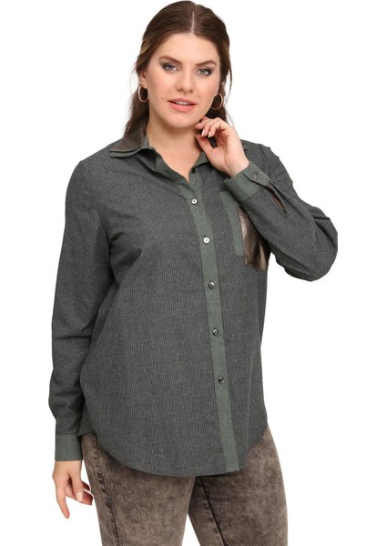Fierte Kadın Büyük Beden Gömlek LM43220 Yakalı Düğme Kapama Uzun Kol Deri Cep Detay Spor Lacivert Yeşil