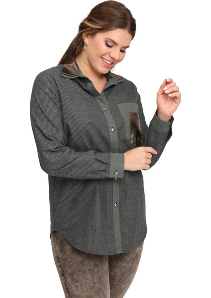 Fierte Kadın Büyük Beden Gömlek LM43220 Yakalı Düğme Kapama Uzun Kol Deri Cep Detay Spor Lacivert Yeşil modelleri