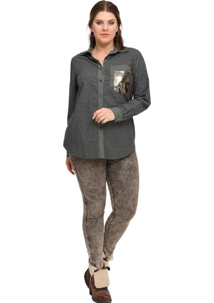 Fierte Kadın Büyük Beden Gömlek LM43220 Yakalı Düğme Kapama Uzun Kol Deri Cep Detay Spor Lacivert Yeşil indirimleri