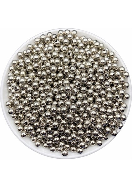 6mm Gümüş - Nikel Renk Ccb Metalize Metal Görünümlü Plastik Boncuk,takı Boncuğu (25GR,~210 Adet)