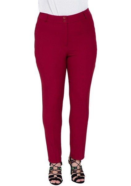 Fierte Kadın Büyük Beden Pantolon RG1294 Kumaş Yüksek Bel Dar Paça Fermuar Kapama Düğmeli Siyah Saks Mavi Bordo Beyaz Lacivert Haki Krem Pudra