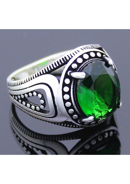 925 Ayar Gümüş Yeşil Zirkon Taşlı Erkek Yüzük