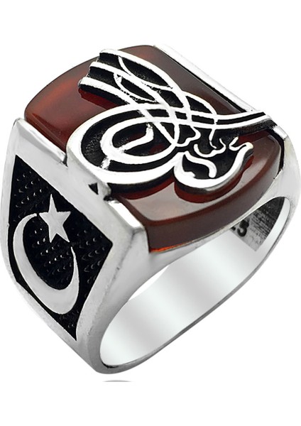 925 Ayar Gümüş Akik Taşlı Ay Yıldızlı Tuğra Erkek Yüzük