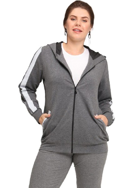 Fierte Kadın Büyük Beden Ceket LM45011 Fermuar Kapama Mevsimlik Kapüşon Şerit Detay Çift Cep Uzun Kol Spor Eşofman Üst Antrasit Siyah