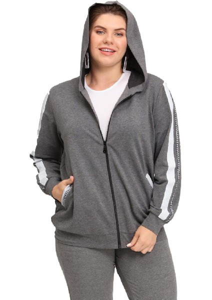 Fierte Kadın Büyük Beden Ceket LM45011 Fermuar Kapama Mevsimlik Kapüşon Şerit Detay Çift Cep Uzun Kol Spor Eşofman Üst Antrasit Siyah fiyatları