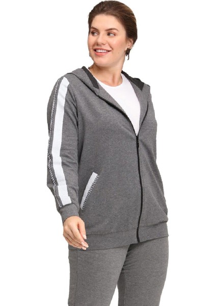 Fierte Kadın Büyük Beden Ceket LM45011 Fermuar Kapama Mevsimlik Kapüşon Şerit Detay Çift Cep Uzun Kol Spor Eşofman Üst Antrasit Siyah modelleri