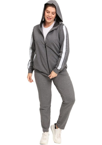 Fierte Kadın Büyük Beden Ceket LM45011 Fermuar Kapama Mevsimlik Kapüşon Şerit Detay Çift Cep Uzun Kol Spor Eşofman Üst Antrasit Siyah fırsatları