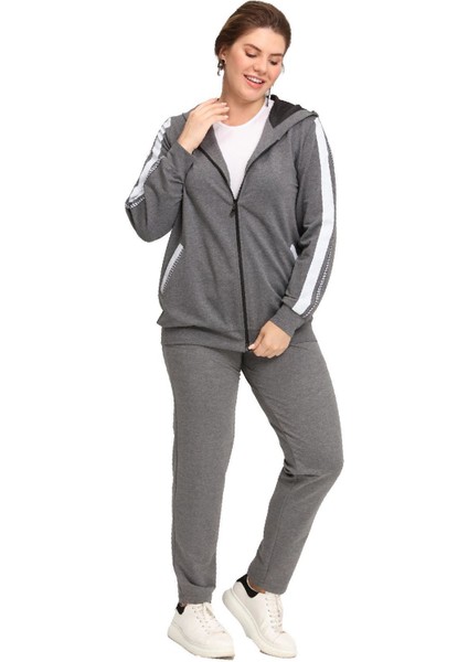 Fierte Kadın Büyük Beden Ceket LM45011 Fermuar Kapama Mevsimlik Kapüşon Şerit Detay Çift Cep Uzun Kol Spor Eşofman Üst Antrasit Siyah indirimleri
