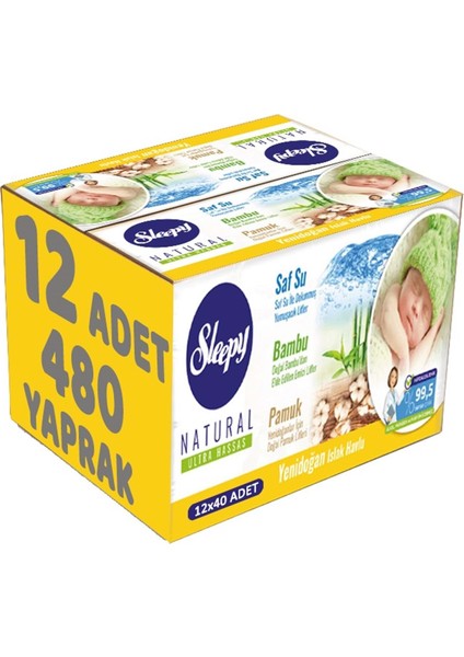 Islak Havlu Mendil Pamuklu Yenidoğan Naturel Bambu 40 Yaprak 12'li Set 480 Yaprak