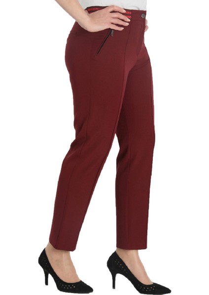 Fierte Kadın Büyük Beden Pantolon NVR2152 Kumaş Normal Elastik Bel Dar Paça Bilek Boy Fermuar Kapama Düğmeli Spor Dikiş Fermuarlı Cep Beyaz Lacivert Siyah Pudra Haki Bordo Saks Mavi