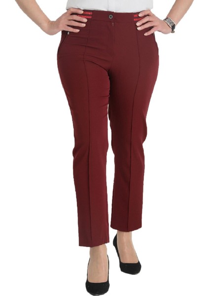 Fierte Kadın Büyük Beden Pantolon NVR2152 Kumaş Normal Elastik Bel Dar Paça Bilek Boy Fermuar Kapama Düğmeli Spor Dikiş Fermuarlı Cep Beyaz Lacivert Siyah Pudra Haki Bordo Saks Mavi modelleri