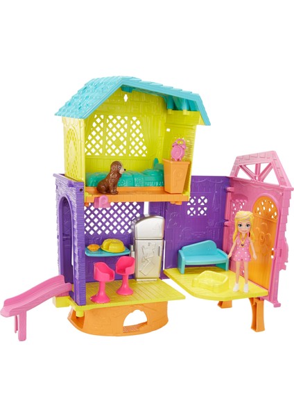 ve Eğlence Dolu 2 Katlı Evi Mutfak Kaydırak 75 cm Polly Bebek Köpek Figürü Koltuk Sandalye Turta Aksesuarları Dahil GMF81
