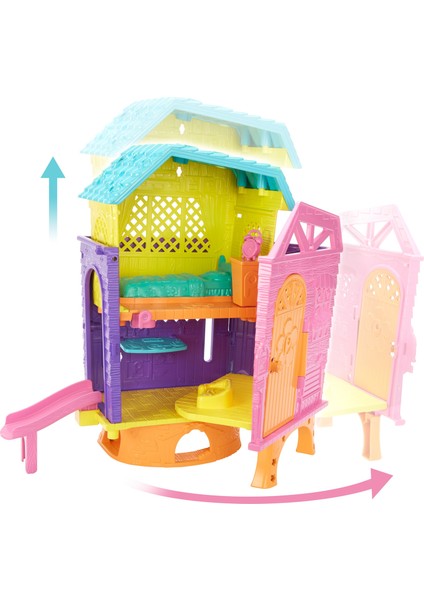 ve Eğlence Dolu 2 Katlı Evi Mutfak Kaydırak 75 cm Polly Bebek Köpek Figürü Koltuk Sandalye Turta Aksesuarları Dahil GMF81