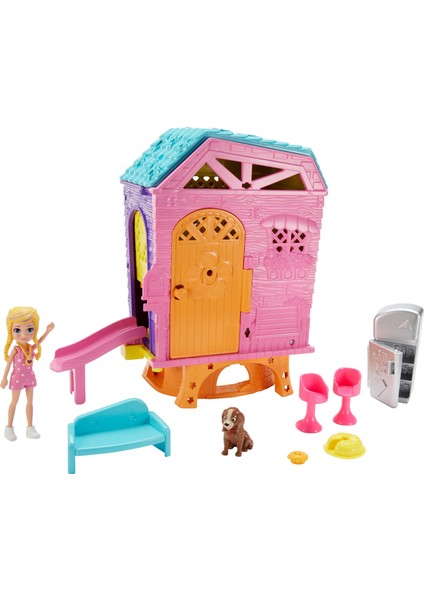 ve Eğlence Dolu 2 Katlı Evi Mutfak Kaydırak 75 cm Polly Bebek Köpek Figürü Koltuk Sandalye Turta Aksesuarları Dahil GMF81