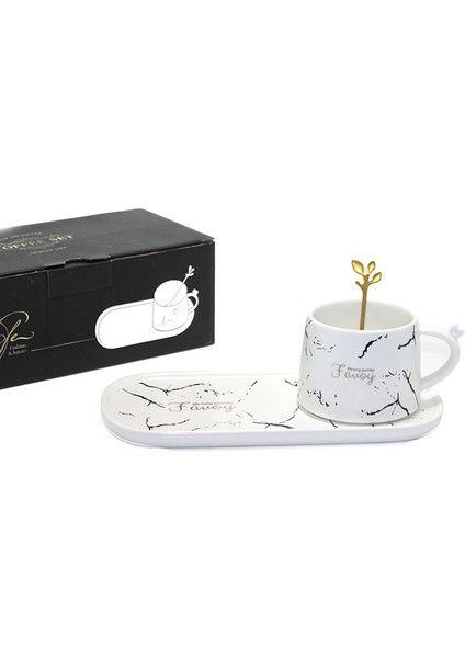 Sunum Tabaklı Mermer Desenli Özel Tasarım Kupa Bardak