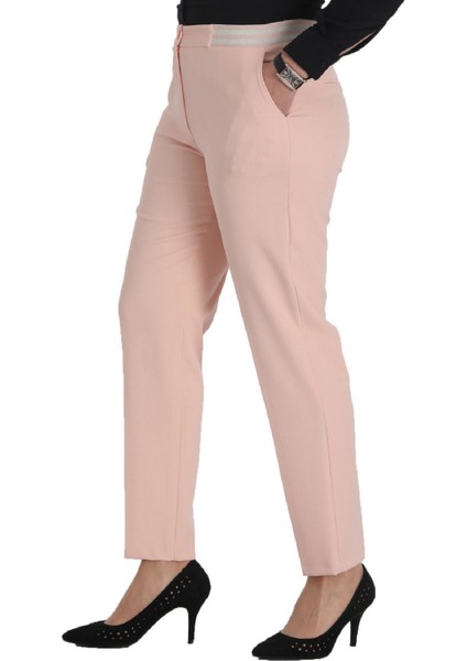 Fierte Kadın Büyük Beden Pantolon NVR2151 Kumaş Normal Elastik Bel Dar Paça Bilek Boy Fermuar Kapama Düğmeli Spor Cep Vizon Beyaz Somon Pudra Bej Haki Bordo