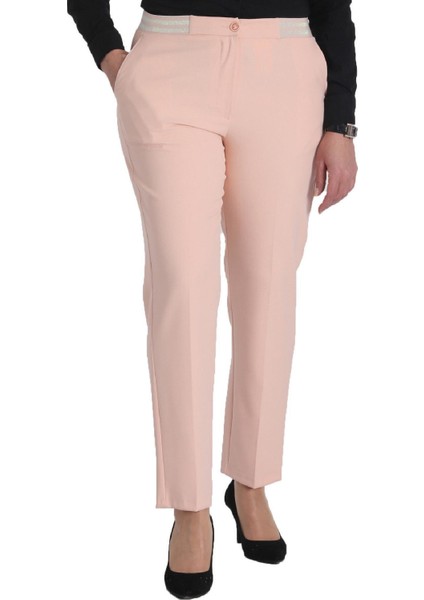 Fierte Kadın Büyük Beden Pantolon NVR2151 Kumaş Normal Elastik Bel Dar Paça Bilek Boy Fermuar Kapama Düğmeli Spor Cep Vizon Beyaz Somon Pudra Bej Haki Bordo modelleri