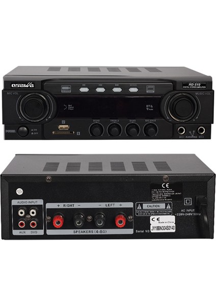 HD-510 2X50 Watt 220V/12V Giriş Usb-Sd -Bt-Uk Trafosuz 2 Mik. Girişli Stereo  Anfi