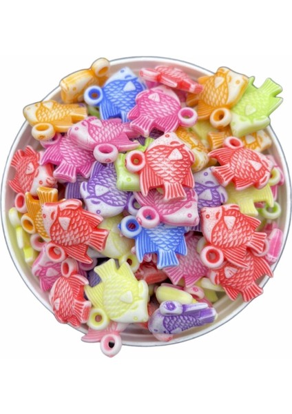 Pastel 18MM Kulplu Balık Figür Karışık Pastel Renk Boncuk,takı Yapım Hobi Boncuğu (25GR, ~30 Adet)