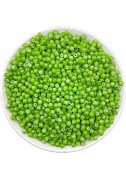 4mm Üzeri Desenli Damarlı Yeşil Cam Boncuk , Cam Takı Yapım Boncuğu (50GR,~450ADET)