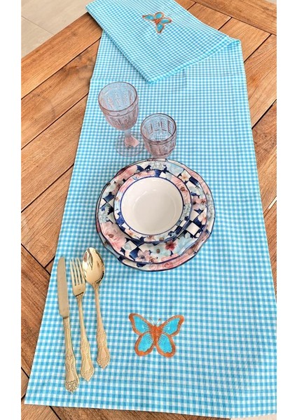 Light Blue Pötikare Kelebek Işlemeli Runner