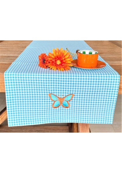 Light Blue Pötikare Kelebek Işlemeli Runner