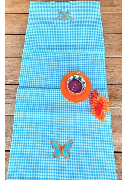 Light Blue Pötikare Kelebek Işlemeli Runner