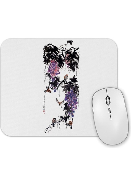 Chinese Painting Birds Playing Around Grapes Mouse Pad