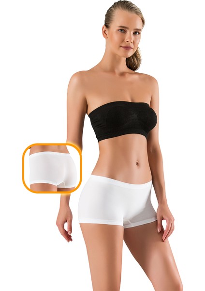 Beyaz Kadın Kısa Şort Boxer Seamless Dikişsiz Örme Toparlayıcı Şekillendirici Rahat Doku