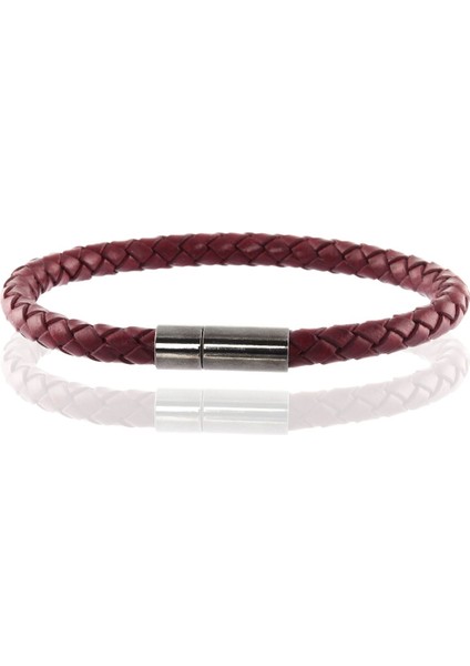 Erkek Örgü Deri Bileklik Bordo Renk