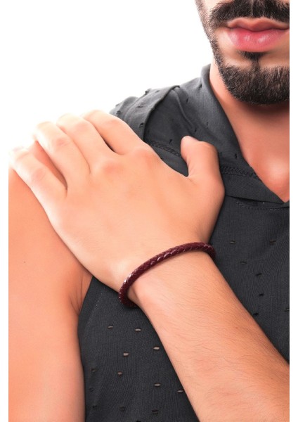 Erkek Örgü Deri Bileklik Bordo Renk fiyatları