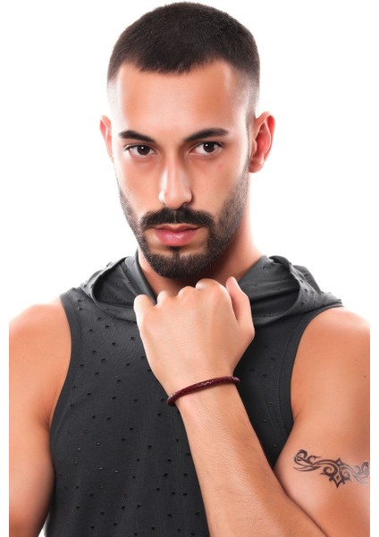 Erkek Örgü Deri Bileklik Bordo Renk modelleri