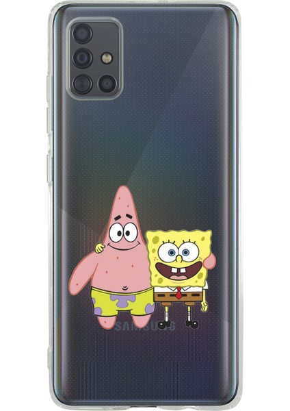 Samsung A71 Sunger Bob ve Patrick Star Desenli Premium Şeffaf Silikon Kılıf