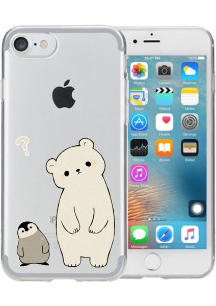 Apple iPhone 8 Penguen ve Ayıcık Desenli Şeffaf Telefon Kılıfı