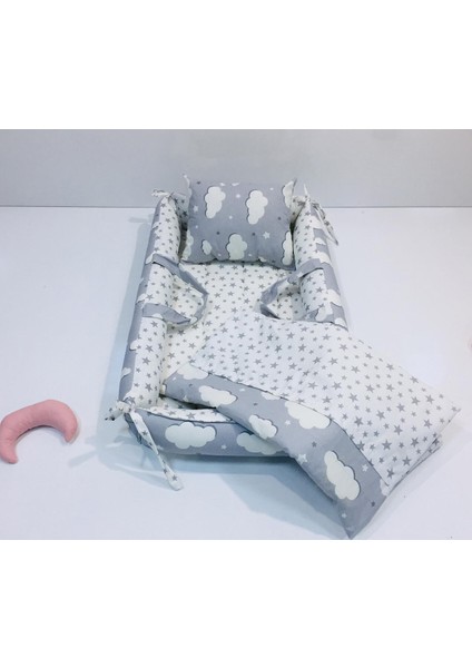 Düz Gri Bulutlu 3 Parça Babynest Seti
