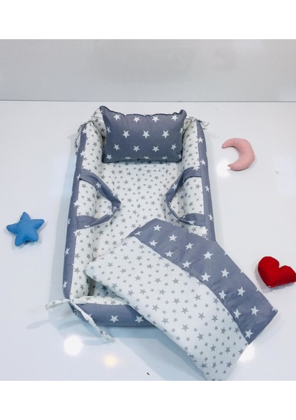 Gri Beyaz Yıldızlı 3 Parça Babynest Seti